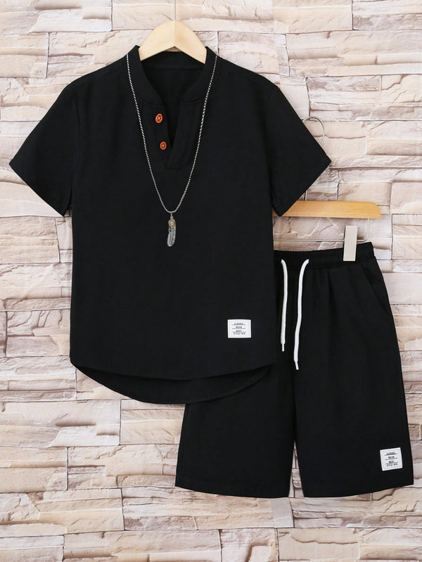 Tween Boy Letter Patched Detail Half Button Shirt & Drawstring Waist Shorts Without Necklace