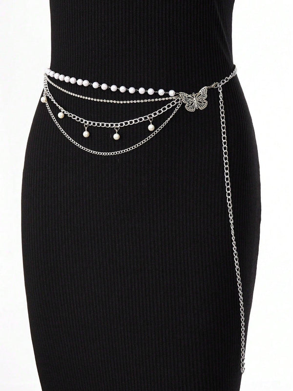 Y2K & Trendy 1pc Women Faux Pearl & Butterfly Decor Fashionable Chain Belt, For Dress Decoration Party - Shop Express