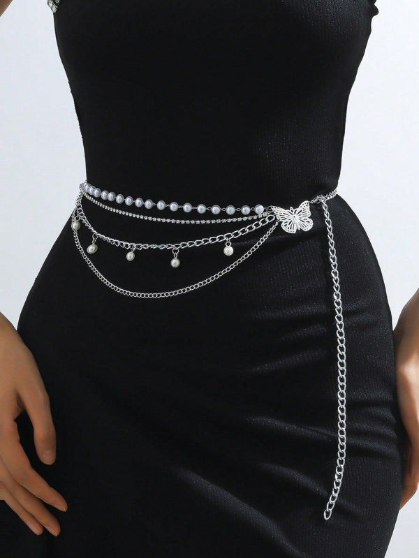Y2K & Trendy 1pc Women Faux Pearl & Butterfly Decor Fashionable Chain Belt, For Dress Decoration Party - Shop Express