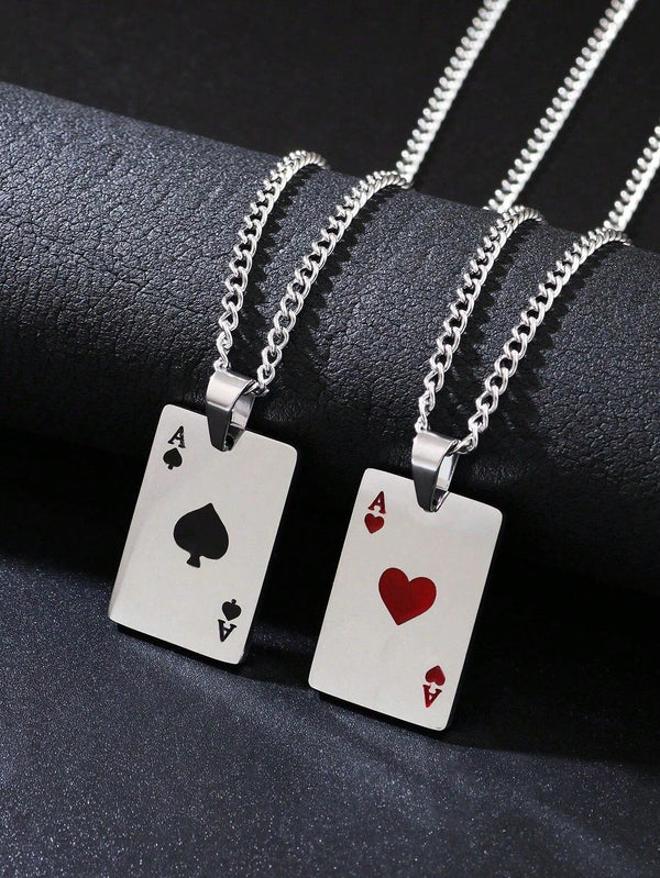 2pcs Stainless Steel Men's Black Spades A Card Necklace Couple Necklace Accessory - Shop Express