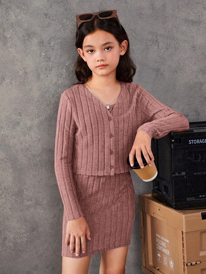 Tween Girls' Knit Solid Color Spaghetti Strap Dress With Front-Open Jacket, Casual 2pcs/Set