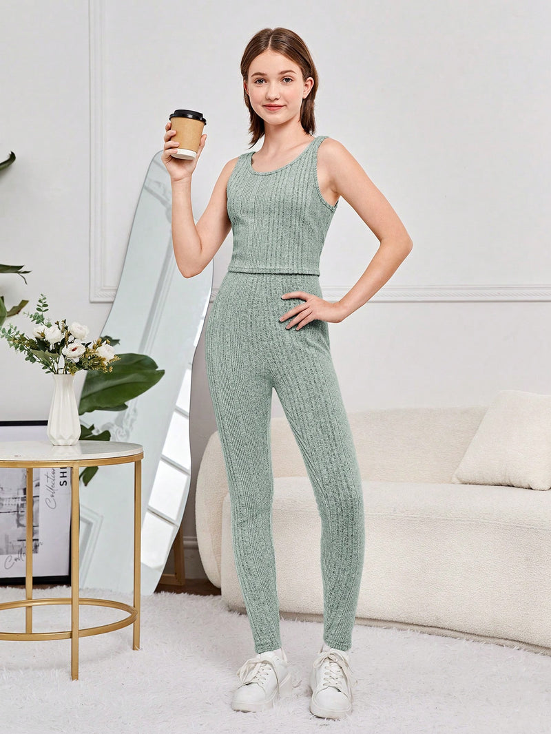 Teen Girls' Rib Knitted Fleece Sleeveless Top With Pants And Cardigan Suit, Casual Outfit