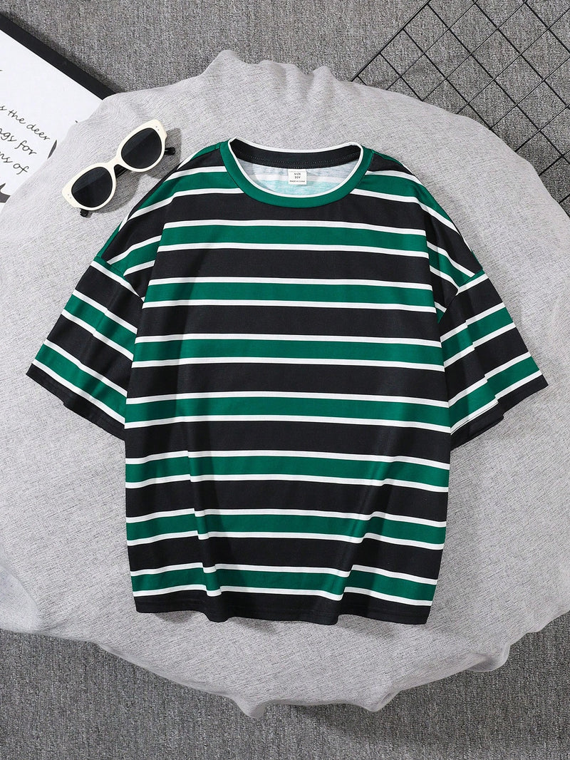 Tween Boy Cute Striped Print Round Neck Pullover Short Sleeve Loose Knit T-Shirt