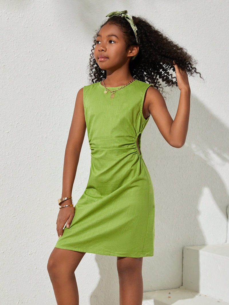 Tween Girls' Everyday Casual Solid Color Sleeveless Round Neck Dress For Spring And Summer
