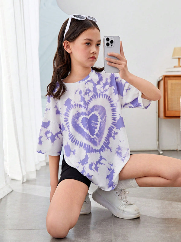 Tween Girls' Casual Sports Round Neck Drop Shoulder Heart Print Tie Dye Short Sleeve T-Shirt For Summer