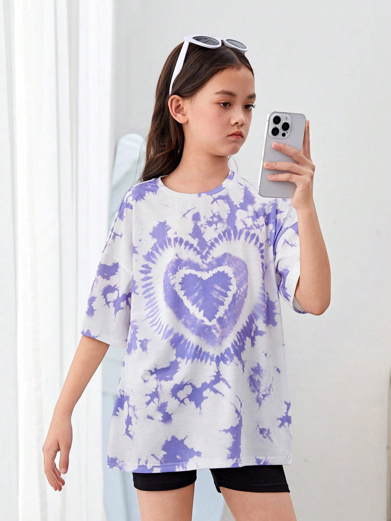 Tween Girls' Casual Sports Round Neck Drop Shoulder Heart Print Tie Dye Short Sleeve T-Shirt For Summer