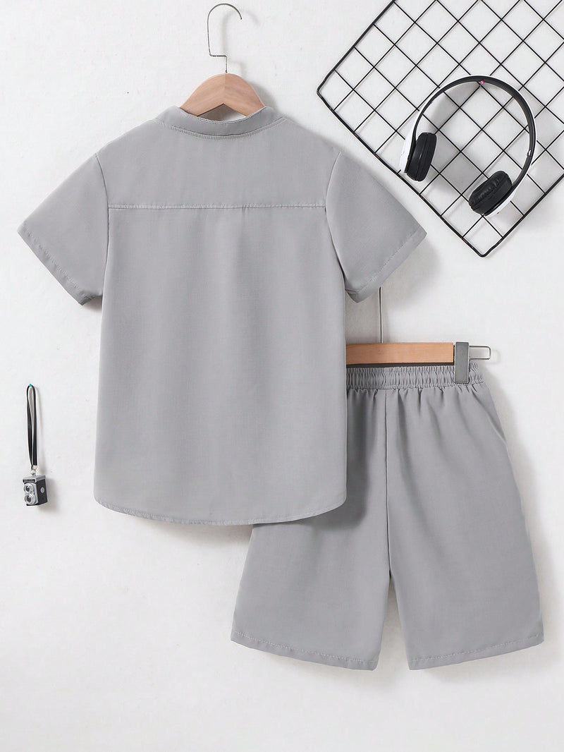 Tween Boy Letter Patched Detail Half Button Shirt & Drawstring Waist Shorts Without Necklace