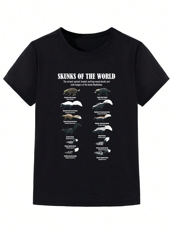 Introduction To The World Skunk Species Table Letter Printed Pattern Boys T-Shirt Comfortable And Fun Short Sleeves