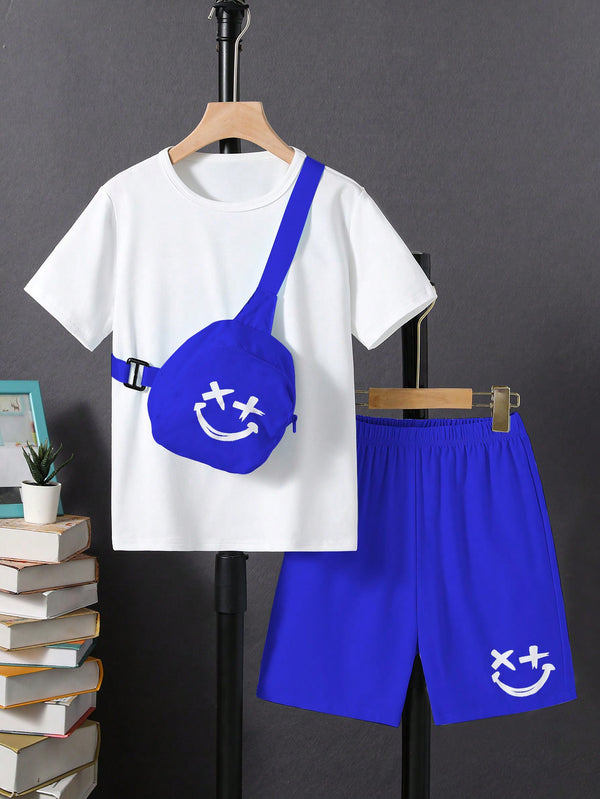 Summer Solid Color Round Neck Short Sleeve T-Shirt And Shorts Casual Outfit Two Piece Set For Tween Boys
