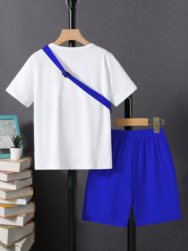 Summer Solid Color Round Neck Short Sleeve T-Shirt And Shorts Casual Outfit Two Piece Set For Tween Boys