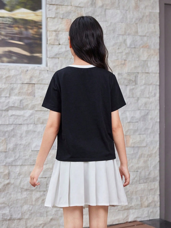 Tween Girl Casual Knitted Short Sleeve Round Neck Top And Pleated Half Skirt For Spring And Summer