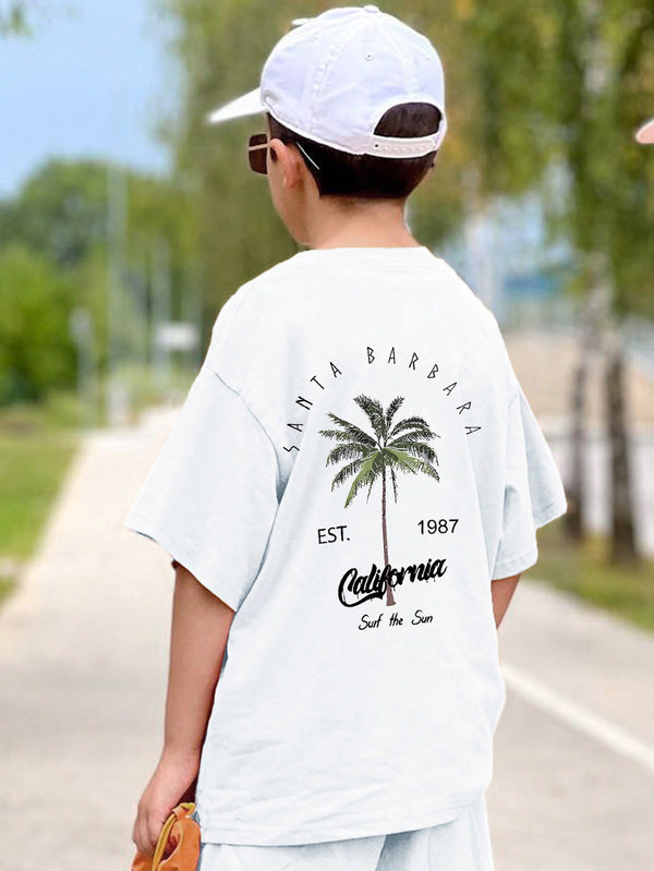 Tween Boy Casual Palm Tree Print Round Neck Short Sleeve T-Shirt For Summer