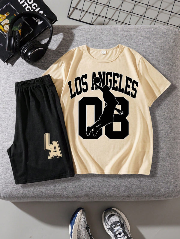 LA, 8, Basketball, Tween Boys' Casual & Simple O8 Number Printed Short Sleeve T-Shirt And Shorts Set Suitable For Summer