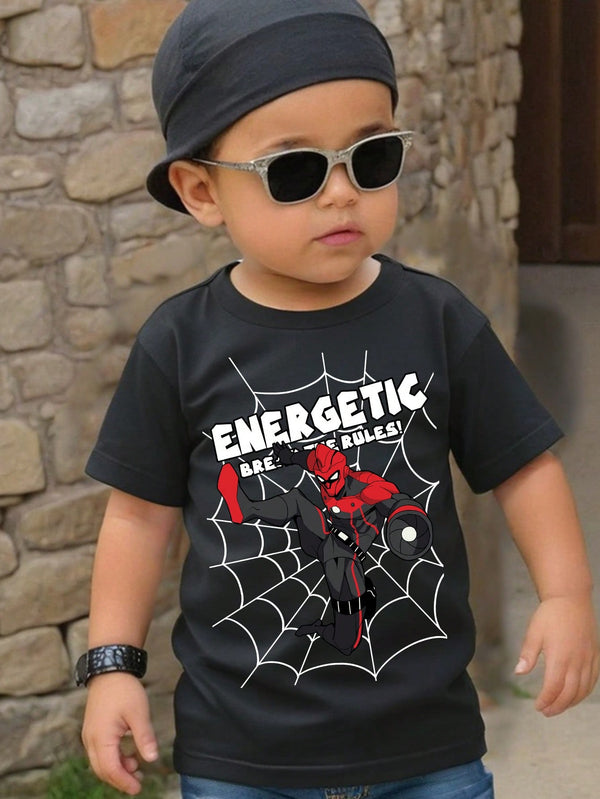 Spider, Spiderman, Young Boys Casual Simple Spiderman Print Round Neck Short Sleeve T-Shirt Suitable For Summer