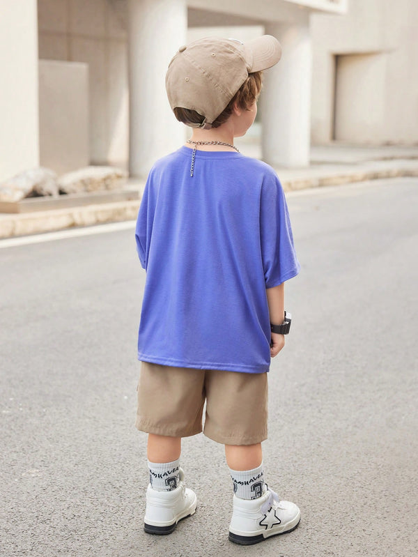 Young Boy 2pcs Letter Printed Round Neck Short Sleeve T-Shirt And Shorts Set Comfortable And Versatile, Suitable For Summer