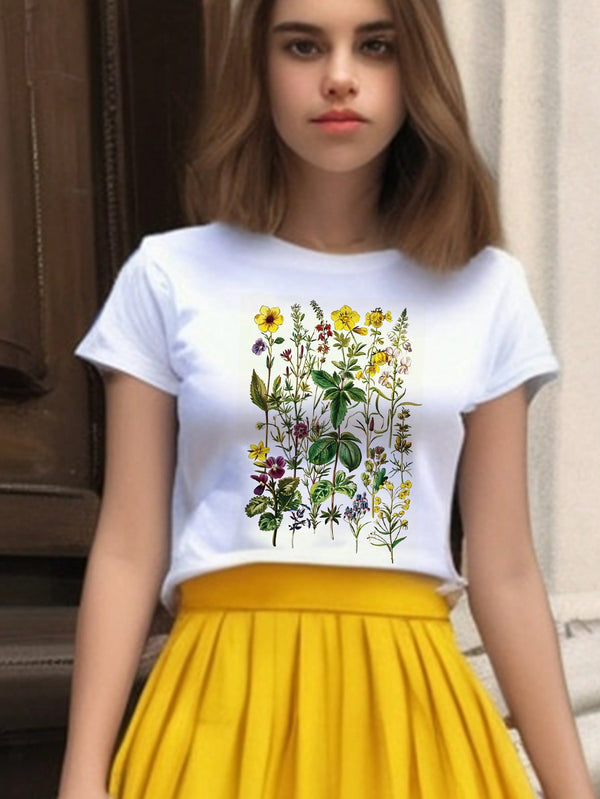 Countryside Style Flower Print White Short Sleeve T-Shirt For Teenage Girls In Summer