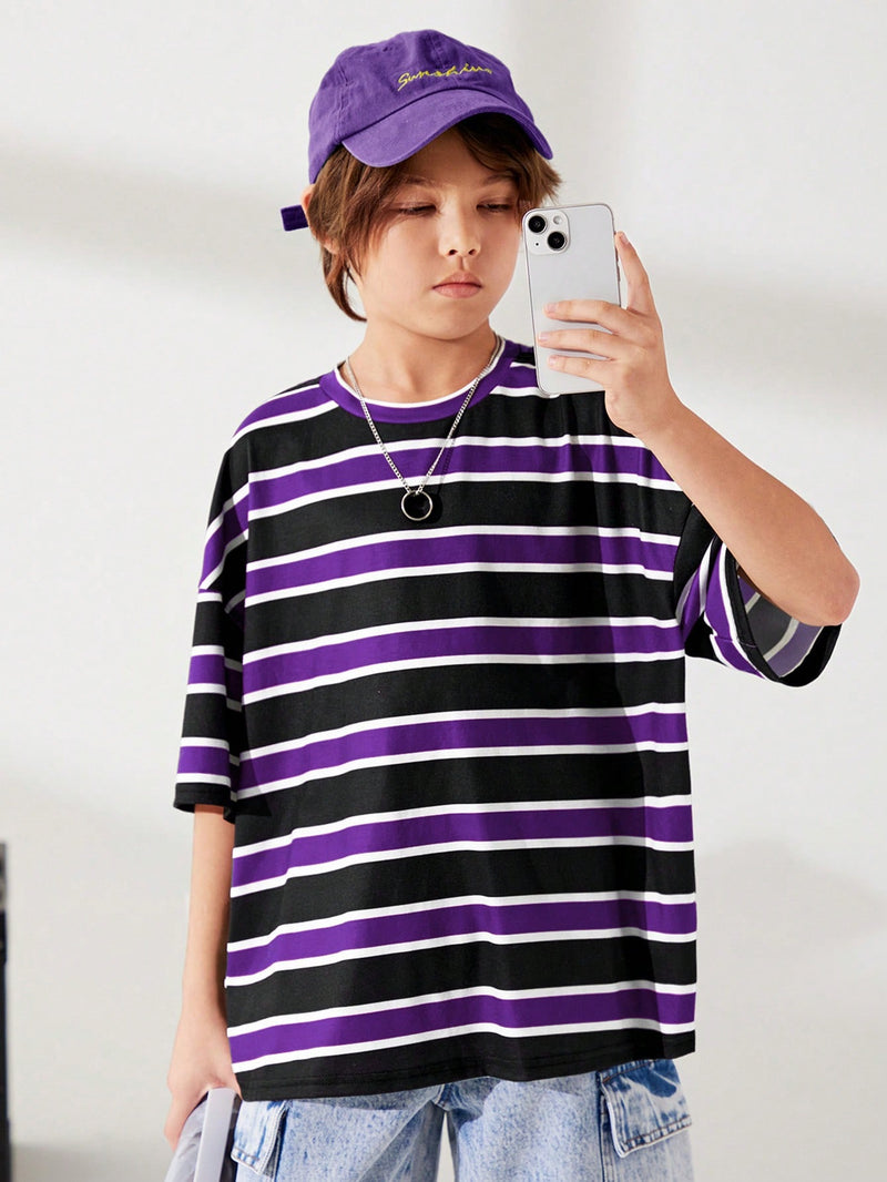 Tween Boy Cute Striped Print Round Neck Pullover Short Sleeve Loose Knit T-Shirt