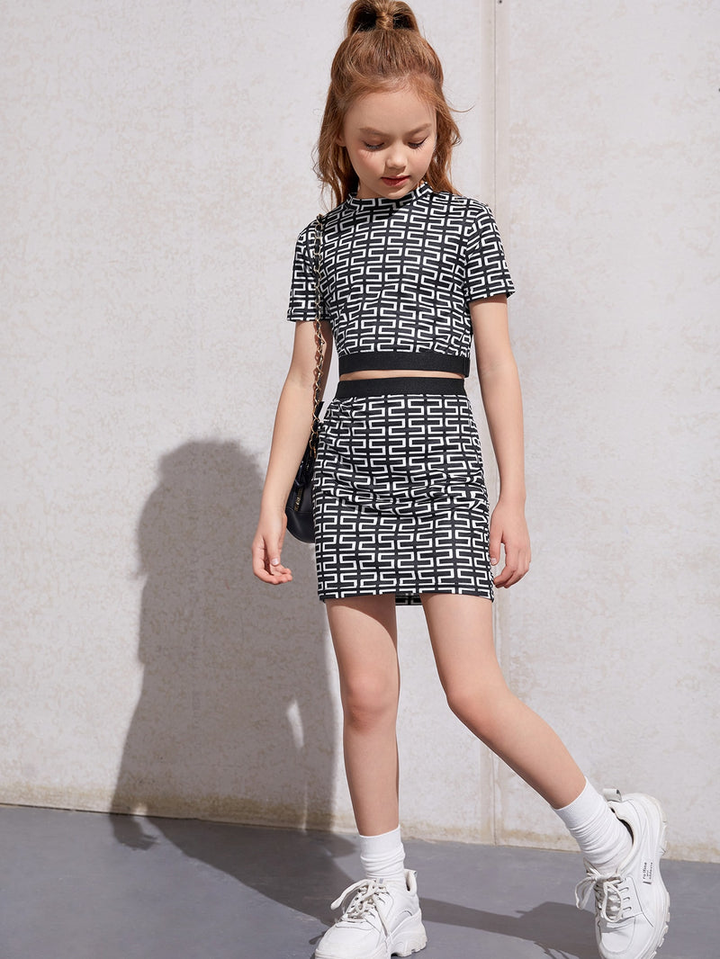 Tween Girl Geo Print Mock Neck Tee And Skirt Set