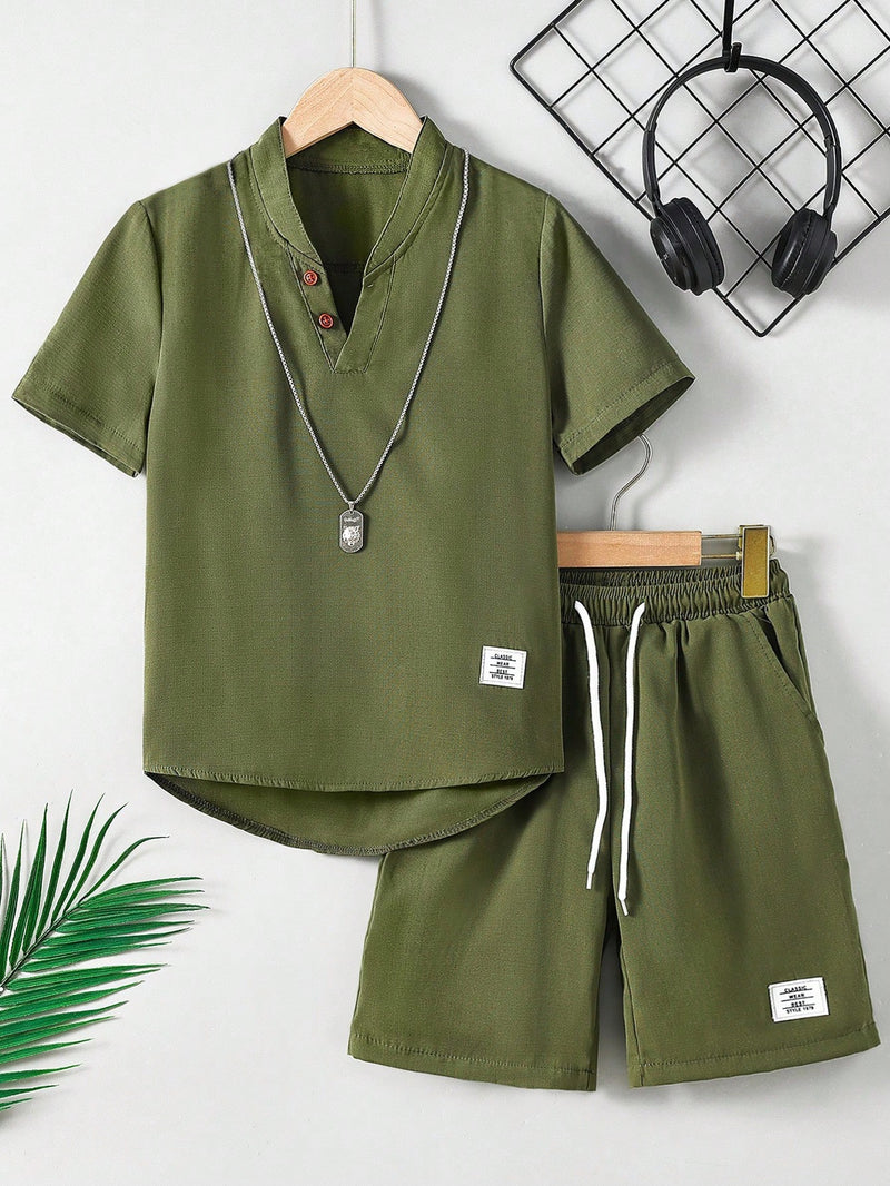 Tween Boy Letter Patched Detail Half Button Shirt & Drawstring Waist Shorts Without Necklace