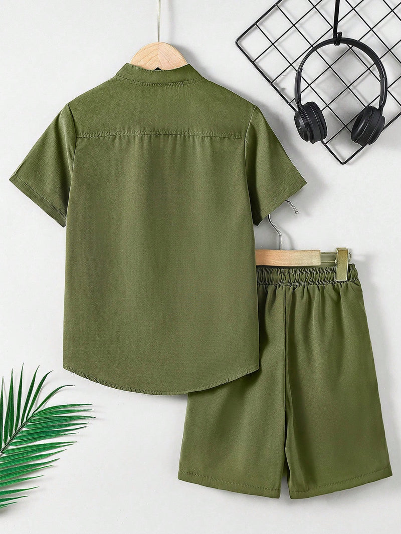 Tween Boy Letter Patched Detail Half Button Shirt & Drawstring Waist Shorts Without Necklace