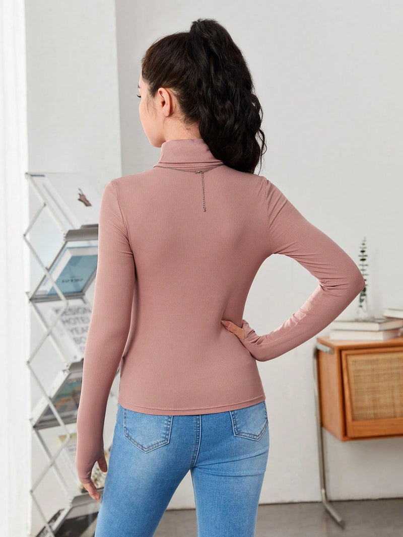 Teen Girl Solid Color Slim Fit High Neck Long Sleeve T-Shirt