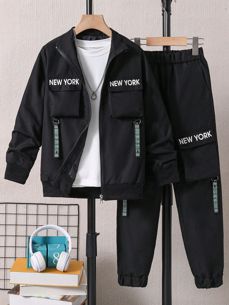 Tween Boy 1pc Letter Graphic Flap Pocket Jacket & 1pc Pants