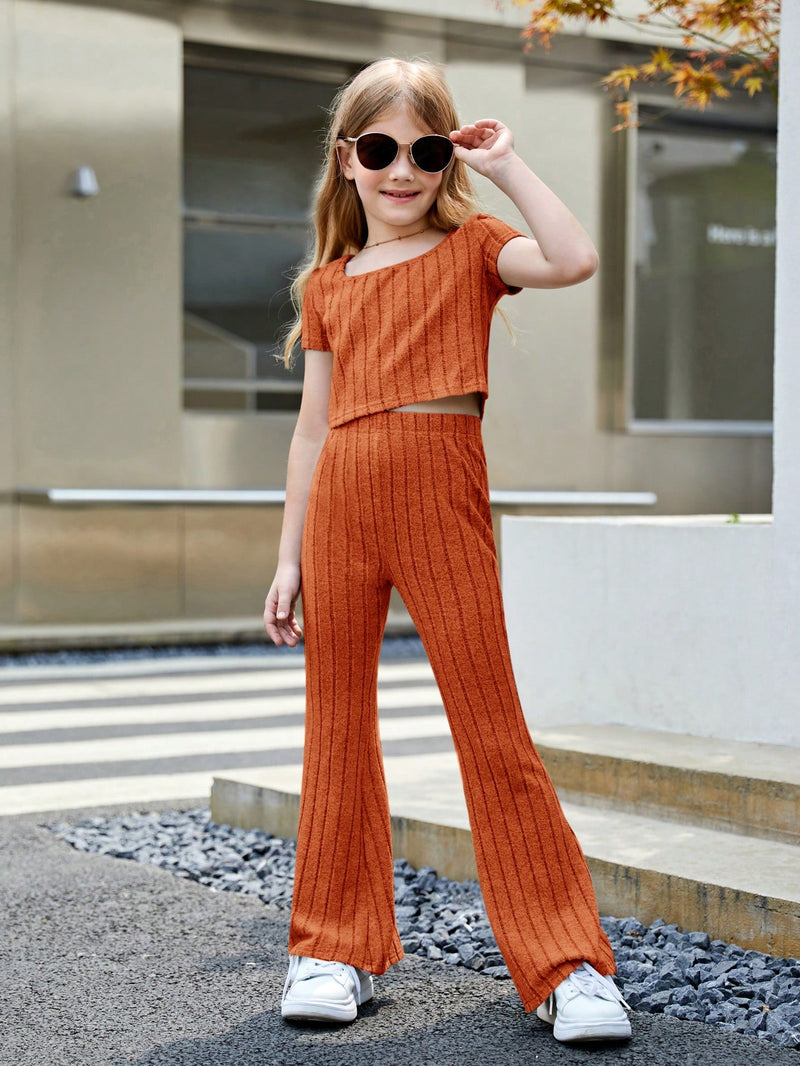 Tween Girl 2pcs/Set Solid Color Casual Summer Short Sleeve T-Shirt And Flare Pants