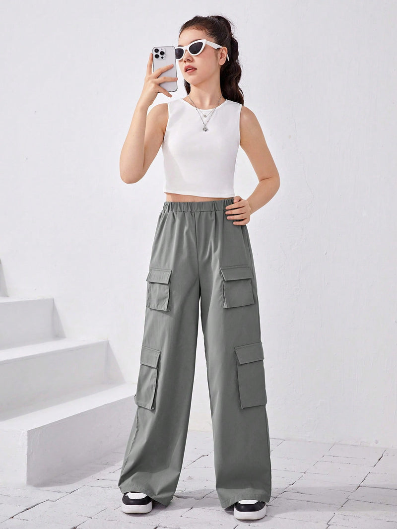 Teen Girl Solid Tank Top & Flap Pocket Side Cargo Pants