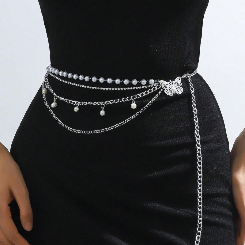 Y2K & Trendy 1pc Women Faux Pearl & Butterfly Decor Fashionable Chain Belt, For Dress Decoration Party - Shop Express