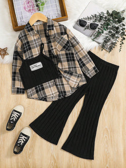 Young Girl Plaid Print Shirt & Cami Top & Flare Leg Pants