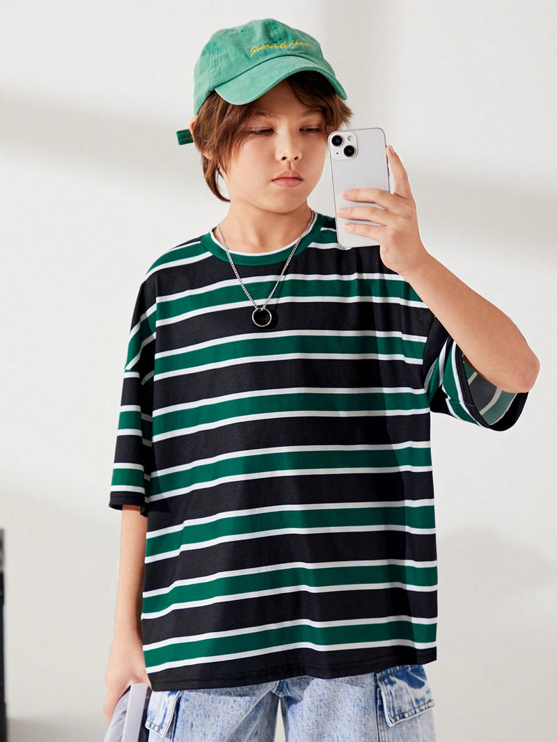 Tween Boy Cute Striped Print Round Neck Pullover Short Sleeve Loose Knit T-Shirt