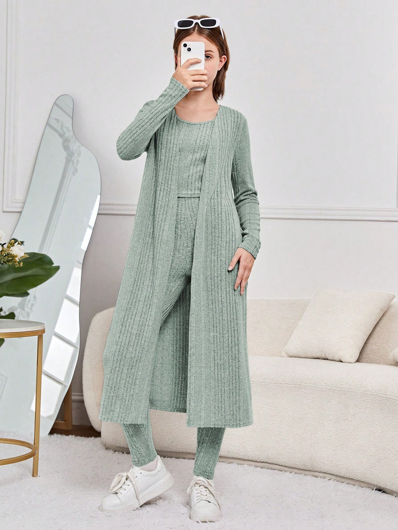 Teen Girls' Rib Knitted Fleece Sleeveless Top With Pants And Cardigan Suit, Casual Outfit