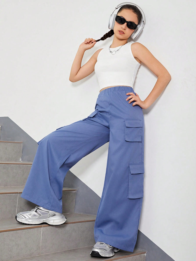 Teen Girl Solid Tank Top & Flap Pocket Side Cargo Pants