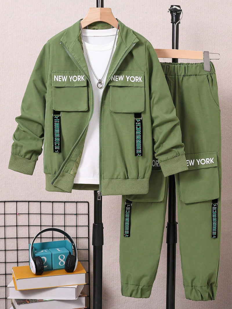 Tween Boy 1pc Letter Graphic Flap Pocket Jacket & 1pc Pants