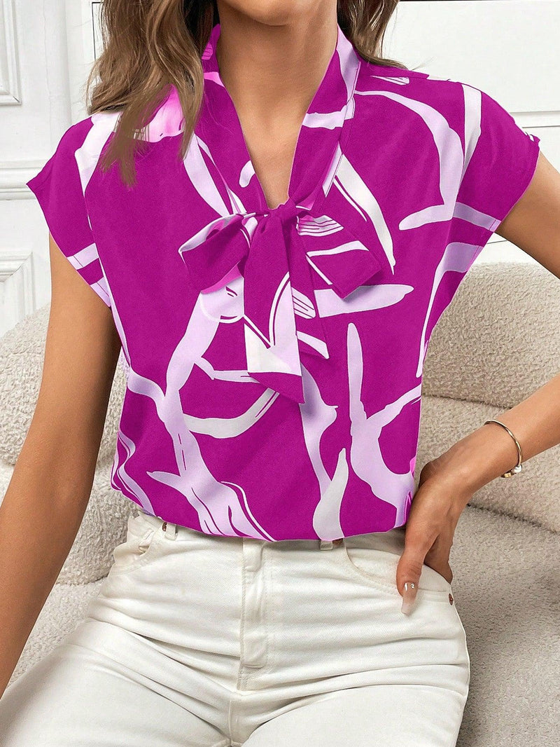 Privé Work Women Tops Graphic Print Tie Neck Batwing Sleeve Blouse - Shop Express