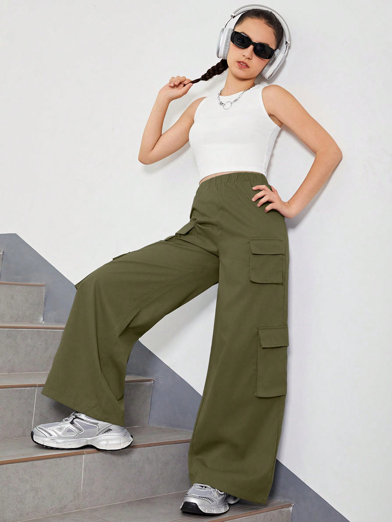 Teen Girl Solid Tank Top & Flap Pocket Side Cargo Pants