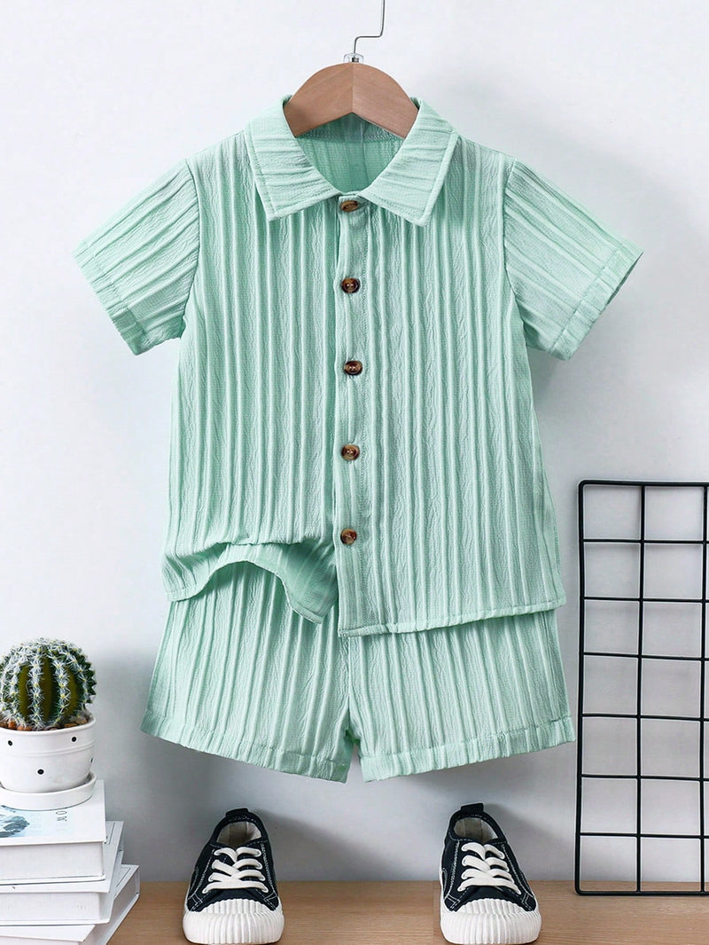 Young Boy Solid Button Front Shirt & Shorts Without Tee