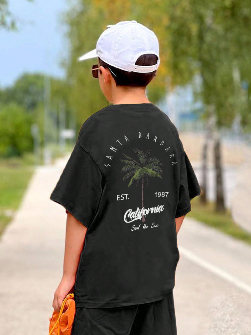 Tween Boy Casual Palm Tree Print Round Neck Short Sleeve T-Shirt For Summer