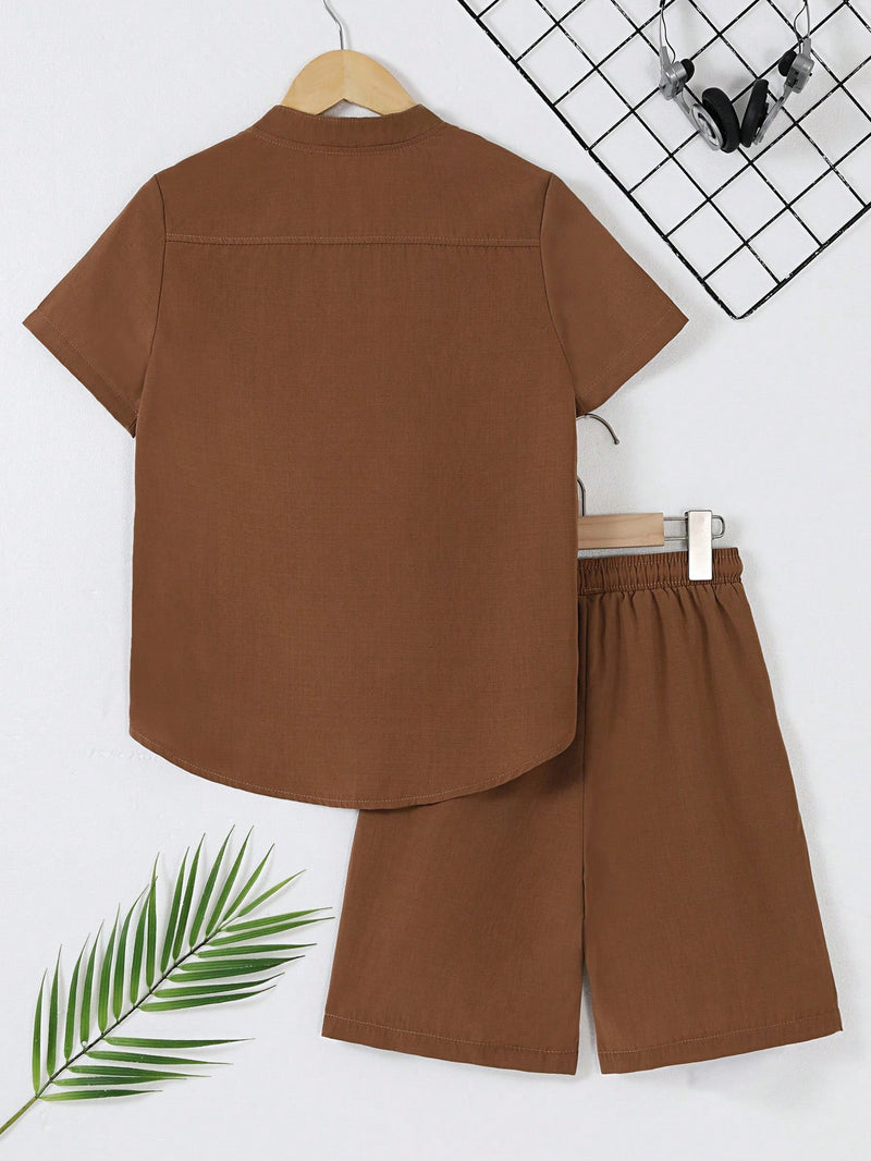 Tween Boy Letter Patched Detail Half Button Shirt & Drawstring Waist Shorts Without Necklace