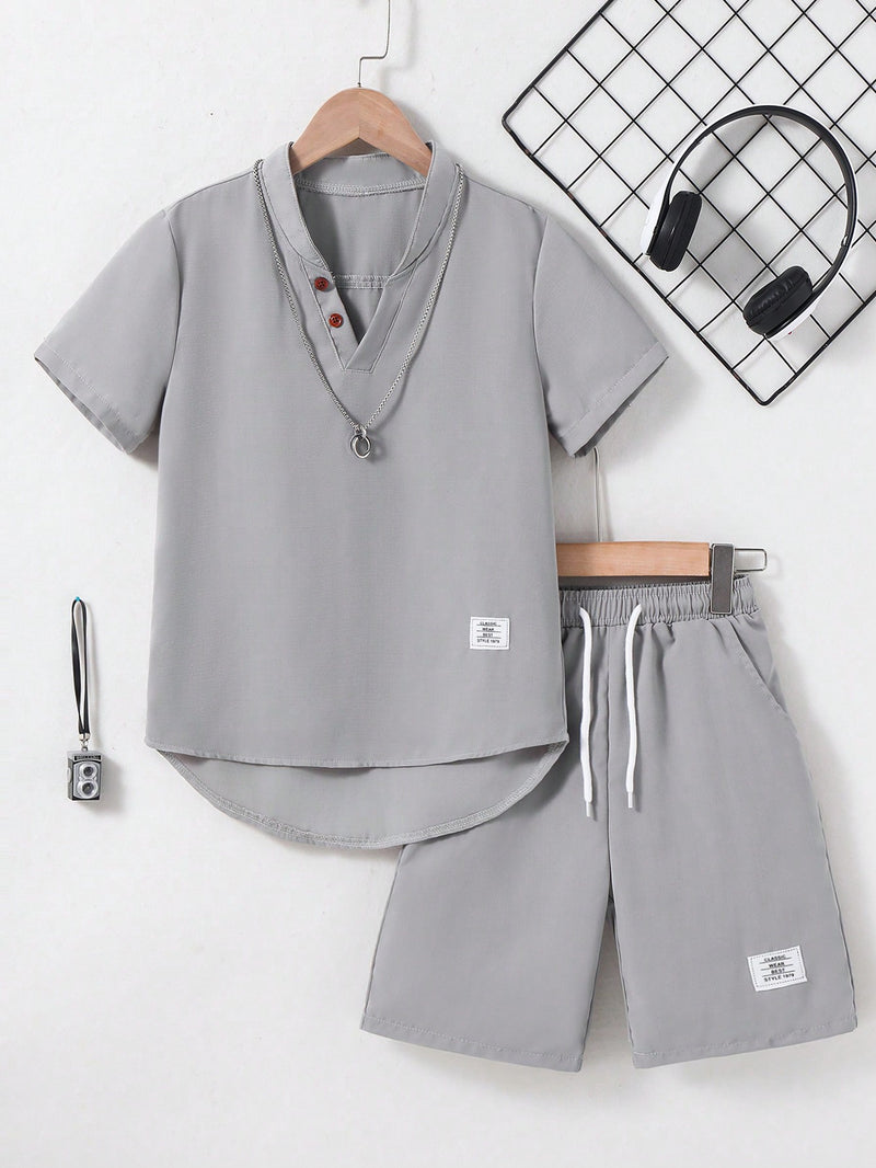 Tween Boy Letter Patched Detail Half Button Shirt & Drawstring Waist Shorts Without Necklace