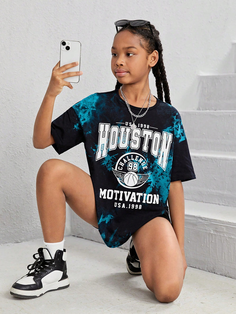 Tween Girl Letter Graphic Tie Dye Drop Shoulder Tee