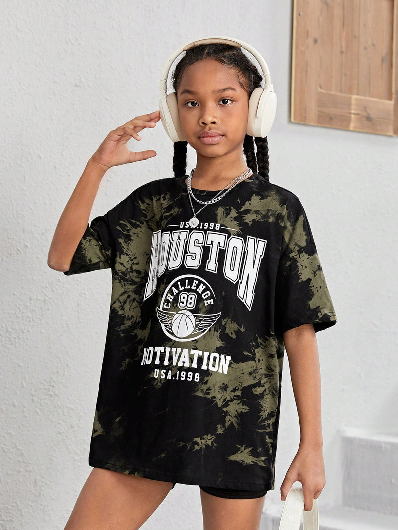 Tween Girl Letter Graphic Tie Dye Drop Shoulder Tee