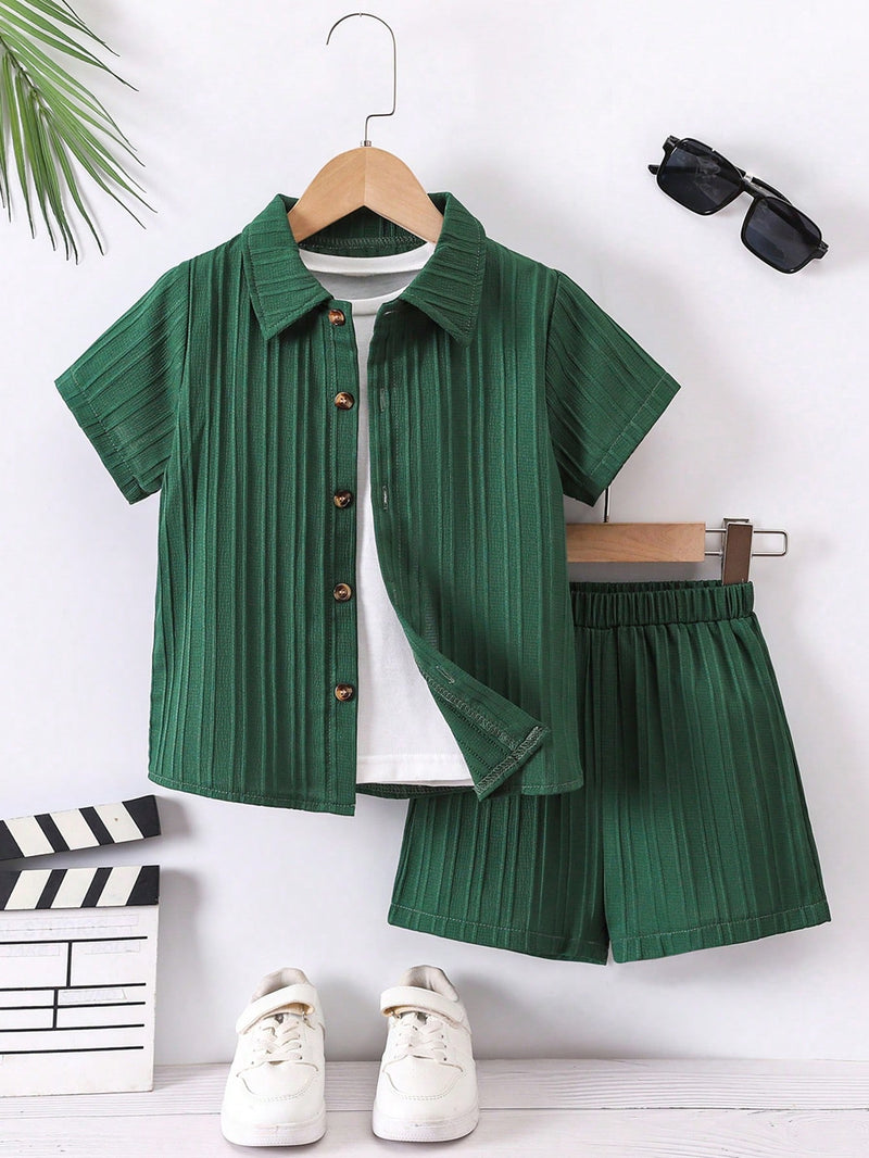 Young Boy Solid Button Front Shirt & Shorts Without Tee