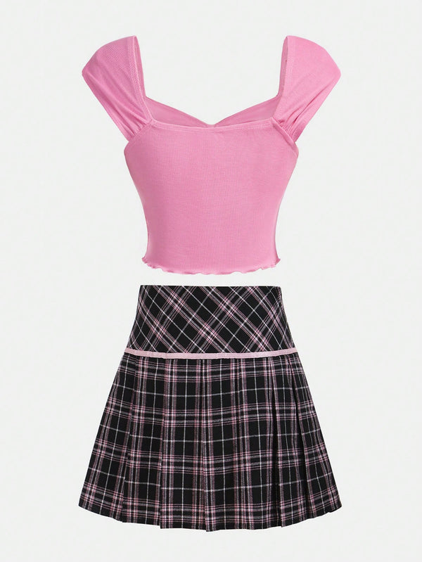Teen Girl Knit Ribbed Sweetheart Neck Top With Checked Pleated Skirt Casual Two Piece Set