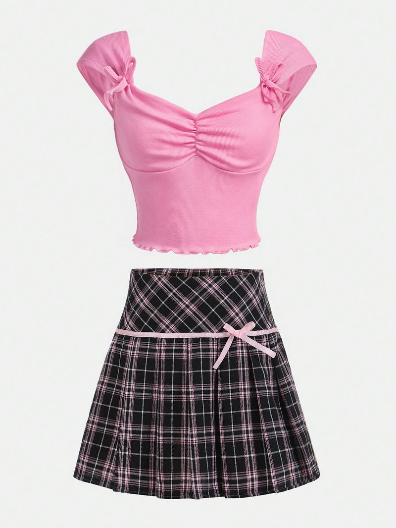 Teen Girl Knit Ribbed Sweetheart Neck Top With Checked Pleated Skirt Casual Two Piece Set