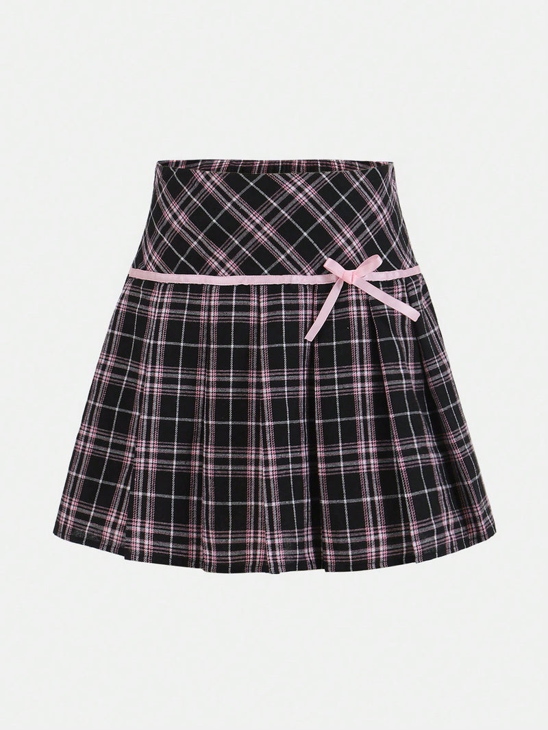 Teen Girl Knit Ribbed Sweetheart Neck Top With Checked Pleated Skirt Casual Two Piece Set