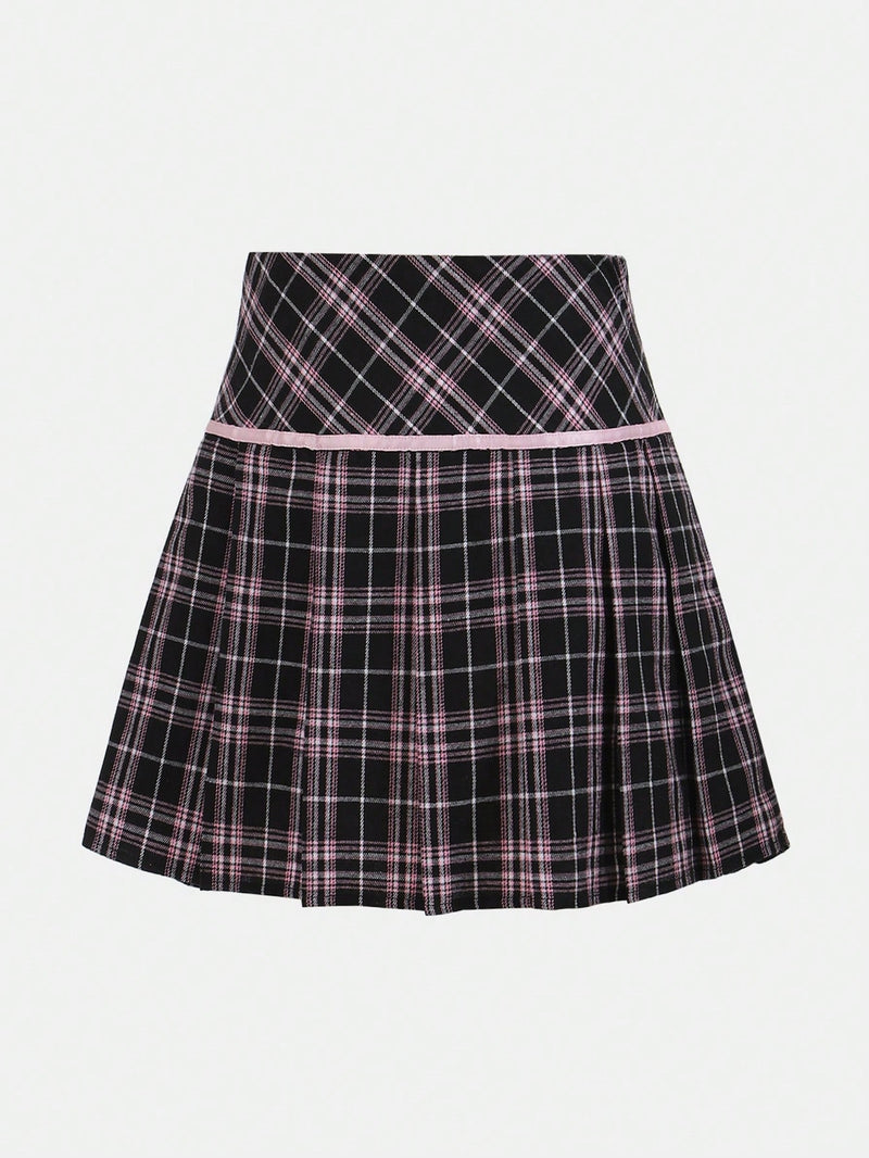 Teen Girl Knit Ribbed Sweetheart Neck Top With Checked Pleated Skirt Casual Two Piece Set