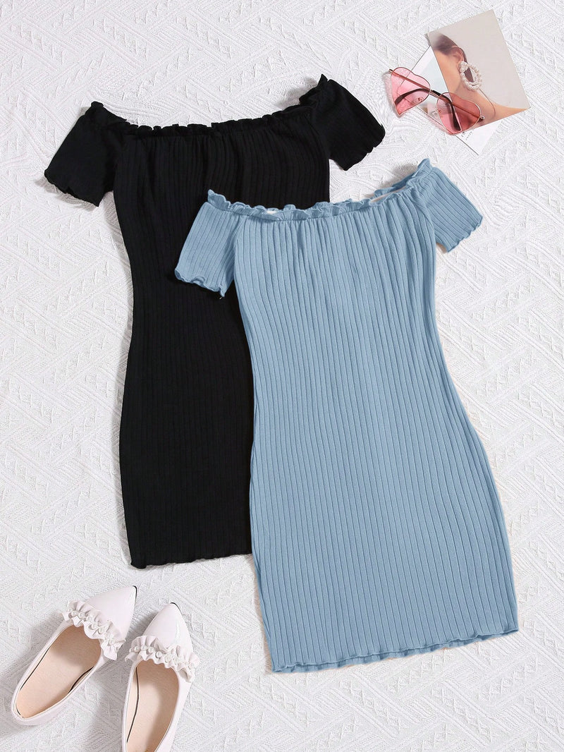 Set Of 2 Teen Girls Fashionable Sporty Solid Knit Off Shoulder Dresses