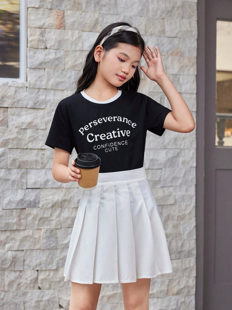 Tween Girl Casual Knitted Short Sleeve Round Neck Top And Pleated Half Skirt For Spring And Summer