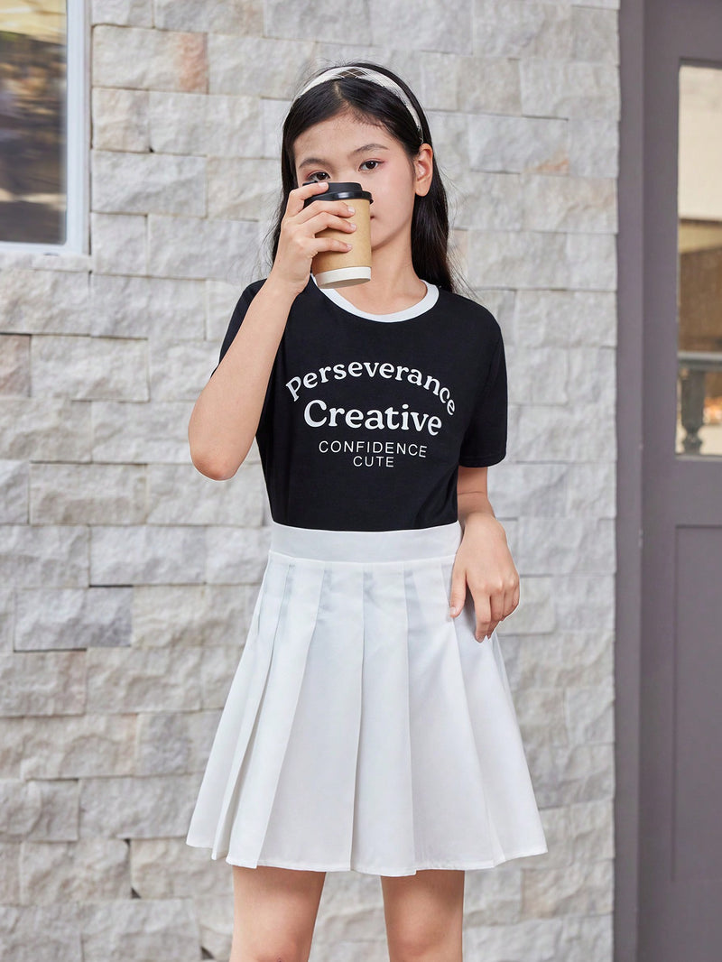 Tween Girl Casual Knitted Short Sleeve Round Neck Top And Pleated Half Skirt For Spring And Summer